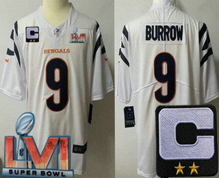 Youth Cincinnati Bengals #9 Joe Burrow Limited White C Patch 2022 Super Bowl LVI Vapor Jersey