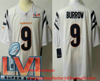 Youth Cincinnati Bengals #9 Joe Burrow White 2022 Super Bowl LVI Vapor Untouchable Stitched Limited Jersey