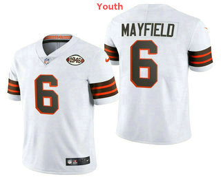 Youth Cleveland Browns #6 Baker Mayfield 75TH Patch White 2021 Vapor Untouchable Stitched NFL Nike Limited Jersey