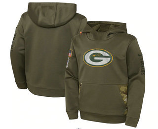 Youth Green Bay Packers 2022 Olive Salute to Service Therma Performance Pullover Hoodie