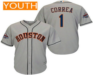 Youth Houston Astros #1 Carlos Correa Gray Road Cool Base Stitched 2017 World Series Champions Patch Jersey