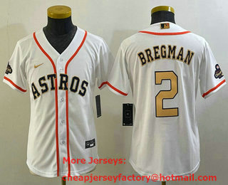 Youth Houston Astros #2 Alex Bregman 2023 White Gold World Serise Champions Patch Cool Base Stitched Jersey 01