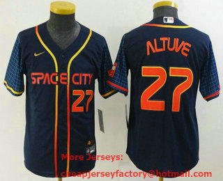 Youth Houston Astros #27 Jose Altuve Number 2022 Navy Blue City Connect Cool Base Stitched Jersey