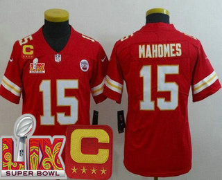 Youth Kansas City Chiefs #15 Patrick Mahomes Limited Red C Patch Super Bowl LIX Vapor Jersey