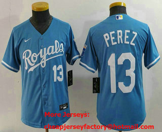 Youth Kansas City Royals #13 Salvador Perez Number Light Blue Cool Base Stitched Jersey