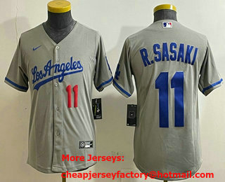 Youth Los Angeles Dodgers #11 Roki Sasaki Number Grey With los Cool Base Stitched Jersey