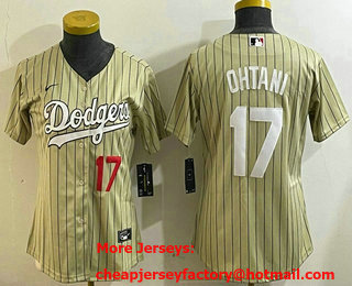 Youth Los Angeles Dodgers #17 Shohei Ohtani Number Cream Pinstripe Stitched Cool Base Nike