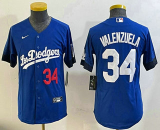 Youth Los Angeles Dodgers #34 Fernando Valenzuela Number Blue City Connect Cool Base Stitched Jersey