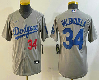 Youth Los Angeles Dodgers #34 Fernando Valenzuela Number Grey Cool Base Stitched Jersey