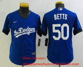 Youth Los Angeles Dodgers #50 Mookie Betts Blue 2021 City Connect Cool Base Stitched Jersey