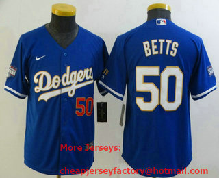 Youth Los Angeles Dodgers #50 Mookie Betts Red Number Blue Gold Championship Stitched MLB Cool Base Nike Jersey