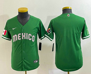 Youth Mexico Baseball Blank 2023 Green World Classic Stitched Jersey 02