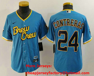 Youth Milwaukee Brewers #24 William Contreras Blue 2022 City Connect Cool Base Stitched Jersey