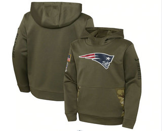 Youth New England Patriots 2022 Olive Salute to Service Therma Performance Pullover Hoodie