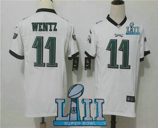Youth Philadelphia Eagles #11 Carson Wentz White 2018 Super Bowl LII Patch Road NFL Nike Game Jersey