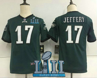 Youth Philadelphia Eagles #17 Alshon Jeffery Midnight Green 2018 Super Bowl LII Patch Team Color Stitched NFL Nike Game Jersey