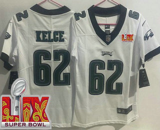 Youth Philadelphia Eagles #62 Jason Kelce Limited White Super Bowl LIX Vapor Jersey