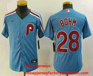 Youth Philadelphia Phillies #28 Alec Bohm Light Blue Cooperstown Cool Base Jersey