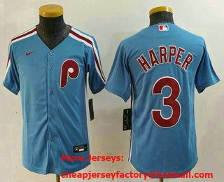 Youth Philadelphia Phillies #3 Bryce Harper Light Blue Cooperstown Cool Base Jersey