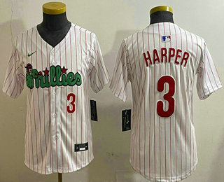 Youth Philadelphia Phillies #3 Bryce Harper White Pinstripe Fashion Cool Base Jersey
