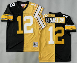 Youth Pittsburgh Steelers #12 Terry Bradshaw Black Yellow Split Throwback Jersey