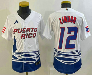 Youth Puerto Rico Baseball #12 Francisco Lindor 2023 White World Baseball Classic Stitched Jersey 01