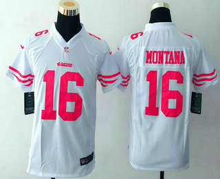 Youth San Francisco 49ers #16 Joe Montana White Road NFL Nike Game Jersey