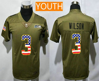 Youth Seattle Seahawks #3 Russell Wilson Olive with USA Flag 2017 Salute To Service Stitched NFL Nike Limited Jersey