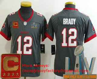 Youth Tampa Bay Buccaneers #12 Tom Brady Limited Pewter Captain Patch 2021 Super Bowl LV Bound Vapor Untouchable Jersey