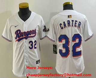Youth Texas Rangers #32 Evan Carter Number White 2024 Gold Collection Limited Cool Base Jersey 13
