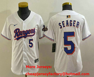 Youth Texas Rangers #5 Corey Seager Number White 2024 Gold Collection Limited Cool Base Jersey 13
