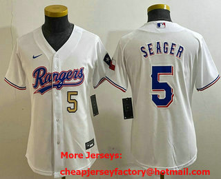 Youth Texas Rangers #5 Corey Seager Number White Team Logo Cool Base Jersey 01
