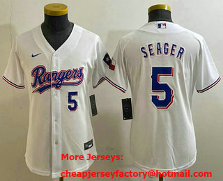 Youth Texas Rangers #5 Corey Seager Number White Team Logo Cool Base Jersey 02