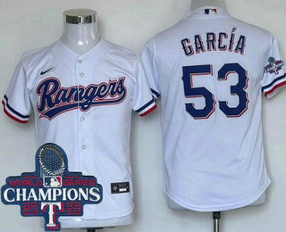 Youth Texas Rangers #53 Adolis Garcia White 2023 World Series Champions Cool Base Jersey