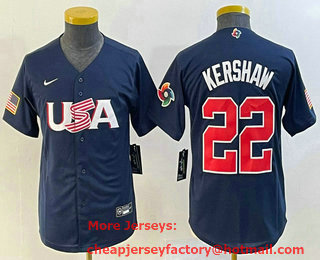 Youth USA Baseball #22 Clayton Kershaw  2023 Navy World Classic Stitched Jersey 02