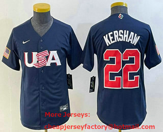 Youth USA Baseball #22 Clayton Kershaw  2023 Navy World Classic Stitched Jersey 03