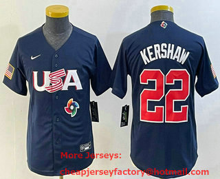 Youth USA Baseball #22 Clayton Kershaw  2023 Navy World Classic Stitched Jersey 04