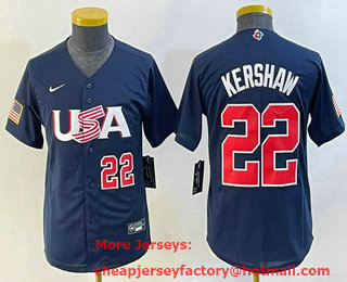 Youth USA Baseball #22 Clayton Kershaw Number 2023 Navy World Classic Stitched Jersey 04