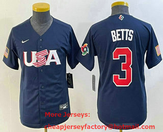 Youth USA Baseball #3 Mookie Betts 2023 Navy World Classic Stitched Jersey 02