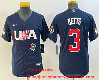Youth USA Baseball #3 Mookie Betts 2023 Navy World Classic Stitched Jersey 03