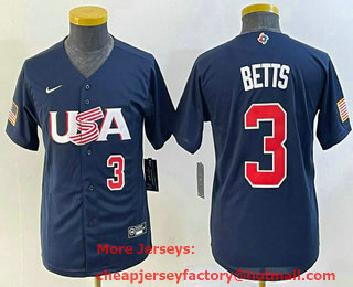 Youth USA Baseball #3 Mookie Betts Number 2023 Navy World Classic Stitched Jersey 03