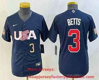 Youth USA Baseball #3 Mookie Betts Number 2023 Navy World Classic Stitched Jersey 04