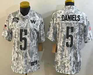 Youth Washington Commanders #5 Jayden Daniels Arctic Camo 2024 FUSE Salute to Service Limited Stitched Jersey